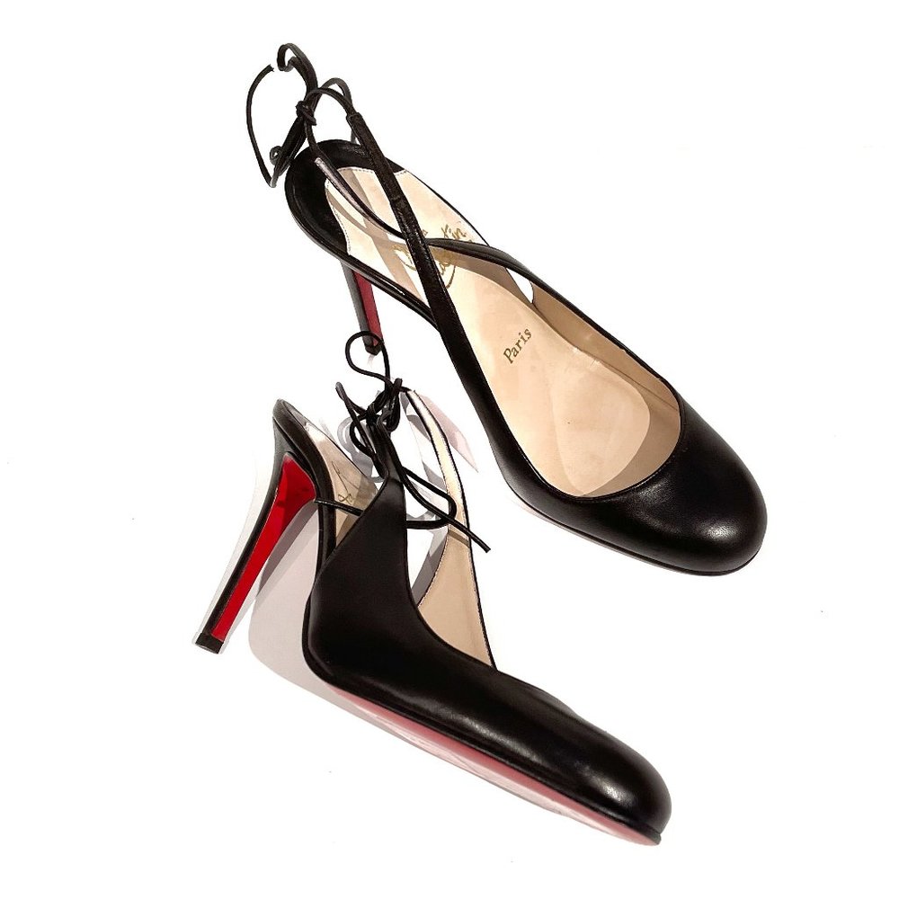 Christian Louboutin Black Heels Ankle Lace Tie with Red Soles - Picture 2 of 16